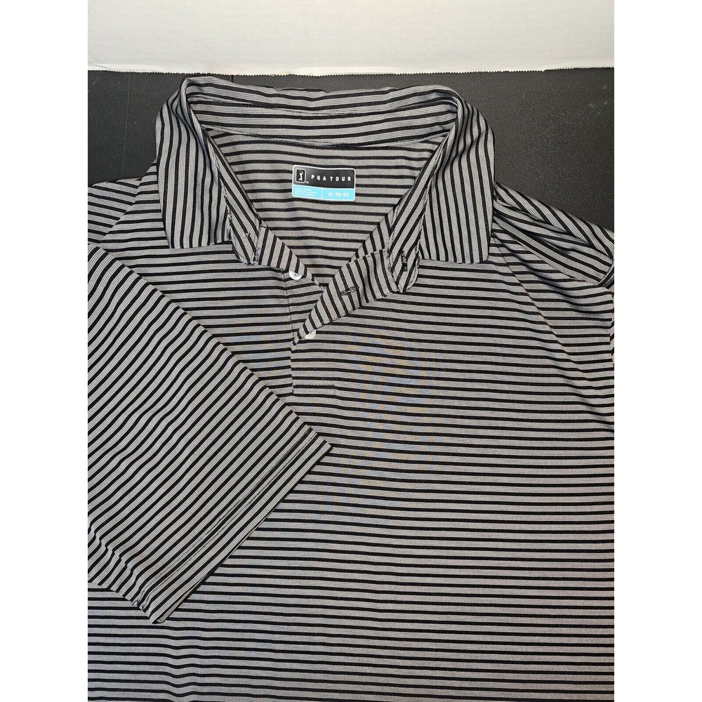 PGA Tour Mens XL Black White Striped Short Sleeve Polo Golf Shirt